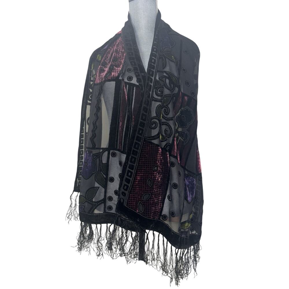 Vtg Silk Devore Burnout Velvet Fringed Shawl Scarf Art Nouveau Floral Boho